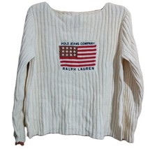 Ralph Lauren AMERICAN Flag USA RL Logo Ribbed Cotton Jumper Cream LARGE Petite