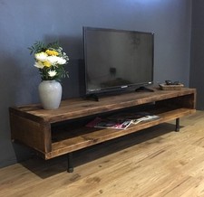 Pegasus TV stand. Walnut stained, reclaimed wood, industrial steel legs.  150cms