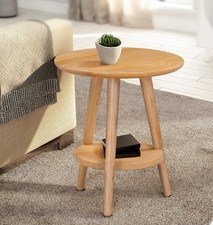 Round Side Table, Small Solid Oak Wooden Coffee Table, Plant/Lamp Table, 1 Shelf