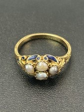 Antique 9ct Gold Ring Victorian 4 Seed Pearl And Blue Enamel (1002)*