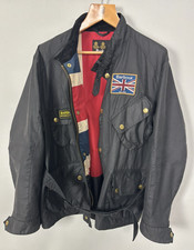 Barbour International Union Jack Flag Wax Biker Jacket - Men's Size XXL Belted