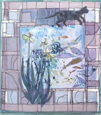 Small Framed Original Ink & Watercolour Painting Illustration Cat Fish Aquarium