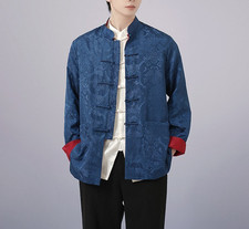 New Chinese Oriental Mens Kung Fu Double Sided Red & Blue Dragon Top Long Shirt