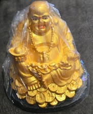 Brass Statu Resin Golden Laughing Buddha Sitting on Coins Figurine Feng Shui Wea