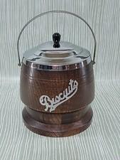 Vintage Retro Wooden Biscuit Barrel Ice Bucket with Ceramic Inlay Lid and Handle