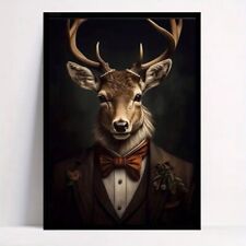 Deer Stag Elk Suited Vintage  Gentleman Framed Canvas Art Print 60cm x 40cm