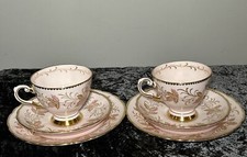 Vintage 1940s Wedgwood TUSCAN Fine English Bone China Cups Saucers Trios X2 RARE