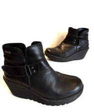 Ladies FLY LONDON YOCK Black Leather Mid-wedge ankle Boots Size UK 4 eu 37 Great