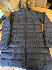 ladies clothes size M Hollister Blue Hooded Puffer Jacket Coat Faux Fur Trim