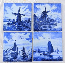 Four Blue Delft Style Boats Windmills H & R Johnson Vintage Ceramic Wall Tiles