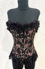 vollers black embroidered ruffles overcast boned silk corset NWOT