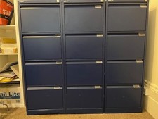  Filing cabinets three  bisley 4 drawer+ hanging. Blue .Excellent. No keys