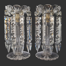 Antique Victorian Crystal Lustres X2 Pair Cut Glass Candlesticks / Vases VTG