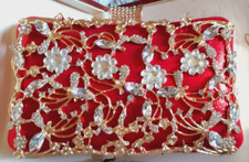 NEW. Gold Tone / Jeweld Front, Rich Red Satin Box clutch bag with chain