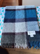 Johnstons of Elgin Cashmere Scarf Blue Check Fringed Edge Made Scotland Unisex