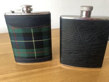 2 Hip Flasks 8oz and stainless steel 1 with tartan finish & 1 with black leather