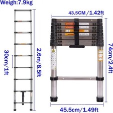 2.6M Multi Purpose Stainless Steel Extendable Telescopic Ladder 150kg Capacity
