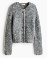 H&M Wool Blend Grey Boucle Fluffy Cardigan Size S With Silver Buttons