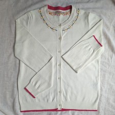 CATH KIDSTON WHITE COTTON CARDIGAN PINK/WHITE EMBROIDERY FLOWERS SIZE S