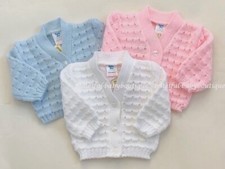 Baby Boys & Girls Fancy Knitted V-Neck Baby Cardigan White Pink or Blue 0-3M