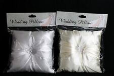 WEDDING RING CUSHION PILLOW 19x19cm WITH JEWELLED HEART CENTRE WHITE & IVORY UK!