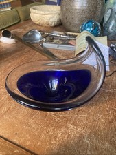 Swedish Flygsfors Blue Coquille Art Glass Bowl Mid Century 1960s Sculpture