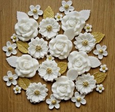 WHITE,GOLD  ROSE BOUQUET Edible Sugar Paste Flowers Cupcake Decorations Toppers