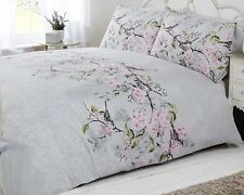  bird blossom floral duvet quilt cover bedding set grey pink & duck egg blue