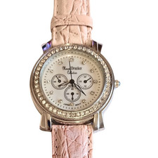 Vintage Designer Ladies Watch, Crystals, Mother Of Pearl, Pink Leather Strap