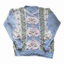 Handknitted Pastel Crochet Jumper Bobble Size XXL Womens Cotton Sweater