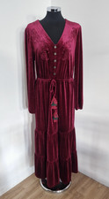 Joe Browns Maxi Dress Size 16 Burgundy Red Velvet Embroidered Tiered Boho V Neck