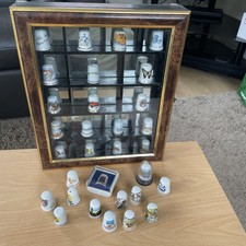 Vintage Wall Cabinet/Display Case With Collection Of Thimbles Mirror Back