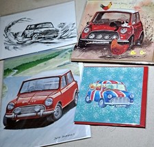 Collection of 4 Mini Cooper greetings cards Retro 1990's -2010's