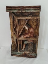 ANTIQUE EUROPEAN WOODEN POLYCHROMEHAND CARVED  BAS RELIEF WEAVER WORKSHOP PLAQUE