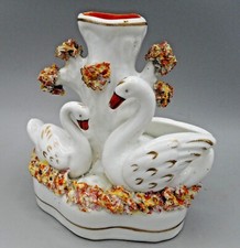 VINTAGE 19TH CENTURY STAFFORDSHIRE SPILL VASE ~ PAIR OF SWANS WITH CYGNETS ~