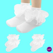 MTUIHFO Girls’ Frilly Ballet Socks, 2 Pairs, Cotton Blend, White, UK Age 1 & 3