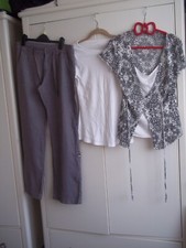 3 ITEMS ATMOSPHERE LINEN SIZE 10 GREY TROUSERS + M&S WHITE T SHIRT + PER UNA TOP