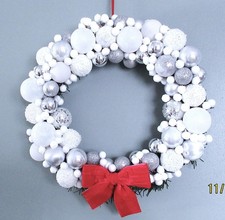 White Silver Bauble Christmas Wreath Red Bow 13 Inches Diameter