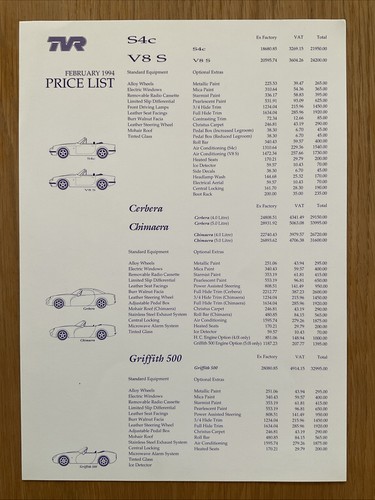 Tvr 1994 price list s4c - tvr,