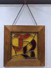 Modern Art Hanging Leaded Light Stained Glass Window & Frame J B Initials 