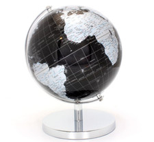 27cm Large Vintage Rotating World Tabletop Desk Globe Black & Silver LP41204