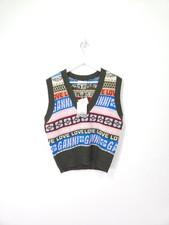 Ganni Sweater Vest Large Graphic V-Neck Crop Top Sleeveless Jumper Layers
