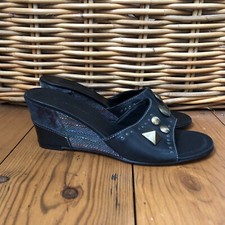 New Lea Foscati Wedge Sandals EU 37 UK 4 Black Leather Heel Slider Slip On Studs