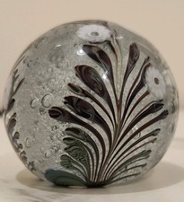 Okra Glass Bubbled Iridescent Pulled Feather Glass Paperweight Signed & Dated 83