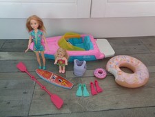barbie bundle,skipper+little sister dolls,speedboat,surf board,paddle+accessorie