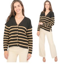 Womens Nobodys Child Cardigan Striped Ribbed Boxy Black Camel Long Sleeve RRP£55