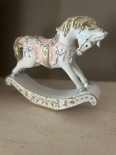 Pink White Rocking Horse Free Standing Children's Christmas Ceramic Decoration
