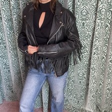 Vintage Real Leather Black Fringe Fringed Biker Jacket 80s 90s