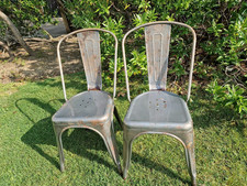 Tolix style industrial unrestored grey metal bistro chairs stackable pair