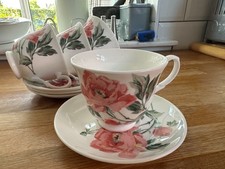 Laura Ashley Peony Garden Amethyst Bone China Cups and Saucers x4